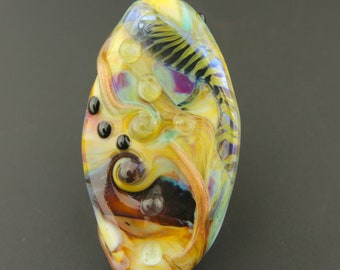 Lampwork Bead Glass Long Focal Green, Gold, Blue