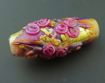 Lampwork Glass Beads, Focal Barrel, Iridescent Topaz with Pink Roses, 'Fiorato'