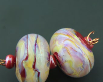 Lampwork Beads, Earring Pair, Pink, Blue, Red Glass