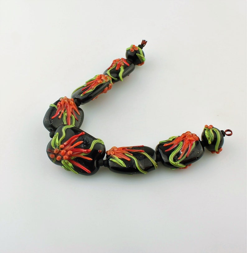 Orange Lampwork Glass Bead Set with Tropical Flowers Green Black Red Beads