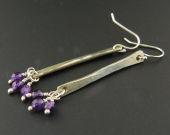 Sterling Silver Earrings, Hammered Silver Metal, Amethyst Gemstones