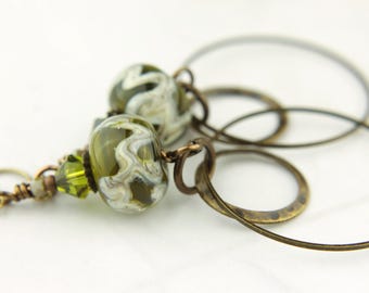 Handmade Earrings, Brass, Lampwork Glass Beads, Olive Green