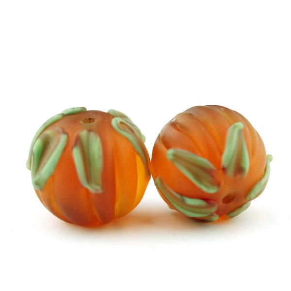 Lampwork Glass Bead Set - Topaz Matte Etched Earring Beads Pair 'Autumn Pumpkins'