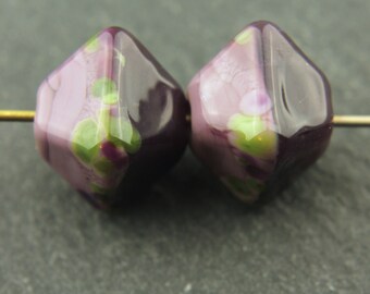 Lampwork Glass Bead Pair, Bicone, Purple, Diamond