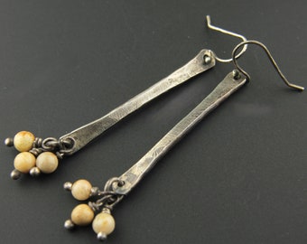 Sterling Silver Earrings, Hammered Silver Metal, Picture Jasper Gemstones