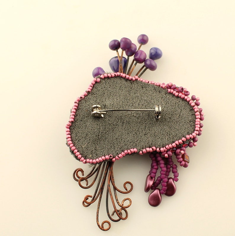 Bead Embroidery Pin Purple Pink Beaded Brooch with Lampwork Cabochon