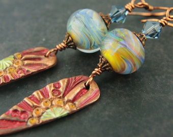 Lampwork Bead Earrings, Copper, Boho Style, Long Dangle, Blue