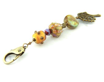 Bag, Purse Charm with Lampwork Glass Beads, Zipper Pull with Tree of Life