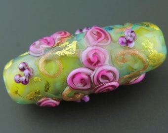 Lampwork Glass Beads, Focal Barrel, Iridescent Aqua with Pink Flowers, 'Fiorato'