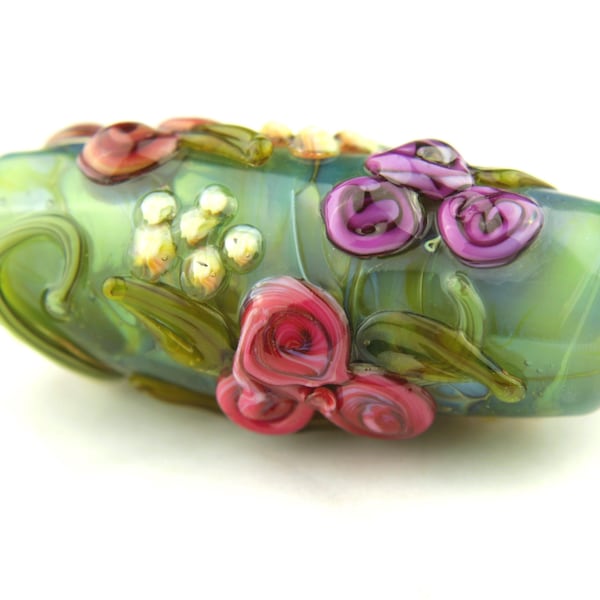 Lampwork Glass Beads, Focal Barrel, Iridescent Blue Green with Roses