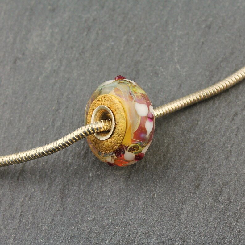 Lampwork Glass Beads, Gold, Pink BHB Charm Sterling Silver Core European Iridescent Big Hole Bead image 3