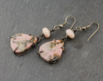 Sterling Silver Earrings, Pink Beaded Jewelry, Dangle, Rhodonite Gemstone Earrings