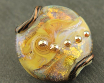 Lampwork Glass Lentil Bead Focal Iridescent Gold Blue