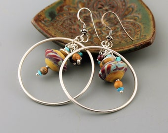 Lampwork Earrings,  Sterling Silver Hoop Earrings,  Brown Jasper, Turquoise, Garnet, Glass and Silver Beaded Jewelry