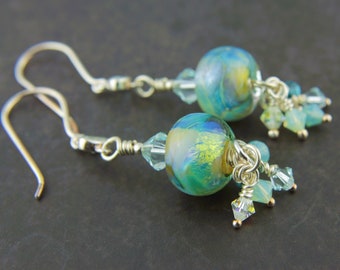 Lampwork Earrings, Sterling Silver, Blue Topaz Gemstones, Iridescent Light Blue, Crystal  Beaded Jewelry