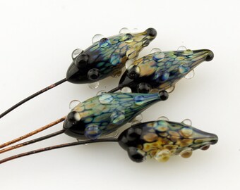 Handmade Lampwork Glass Bead Head Pins 2 Pair Headpin Nubbly Pod on Antique Copper Wire Black, Raku