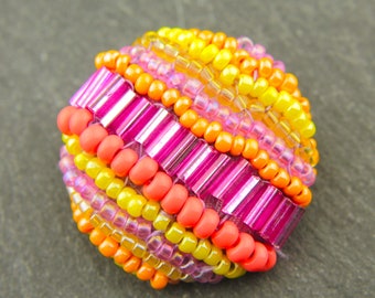 Beaded Button, Bead Embroidery, Seed Beads, Pink, Orange, Yellow, with Shank