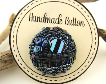 Hand Beaded Button, Embroidery, Midnight Blue (33mm)