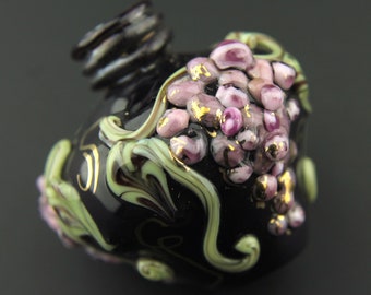 Hollow Lampwork Glass Bead, Urn Focal, Black with Grapes and Gold Accents