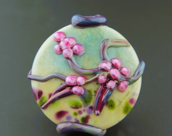 Lampwork Glass Bead Lentil Focal, 'Cherry Blossoms'