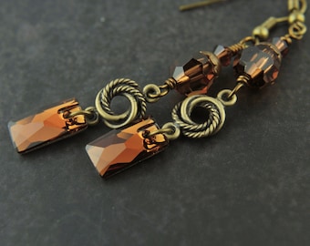Handmade Crystal Beaded Earrings, Antiqued Brass