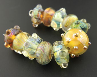 Lampwork Beads Set, Iridescent Glass, Green, Gold