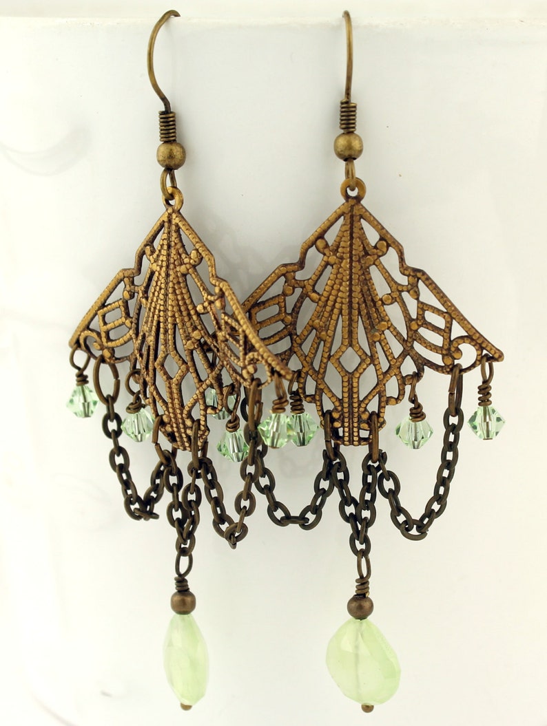 Gemstone Long Chandelier Earrings Antique Brass Filigree Etsy