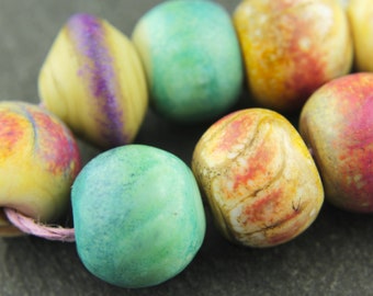 Lampwork Glass Beads, Set, Rustic Gold, Blue, Green, Purple, Matte