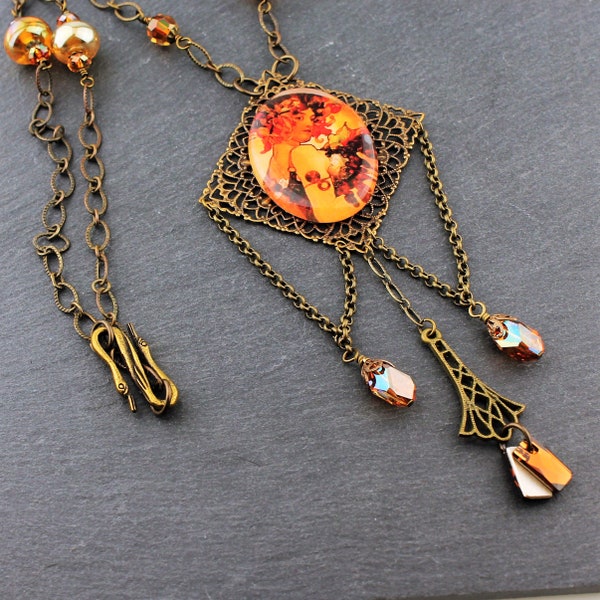 Handmade Brass Chain Necklace, Alphonse Mucha, Victorian Style, Beaded Jewelry