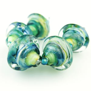 Lampwork Beads Set, Iridescent Green, Blue, Baroque Art Glass