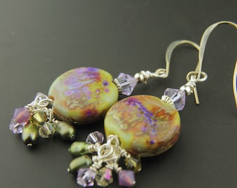 Handmade Earrings, Lampwork Glass Beads, Crystals, Purple, Gold, Silver