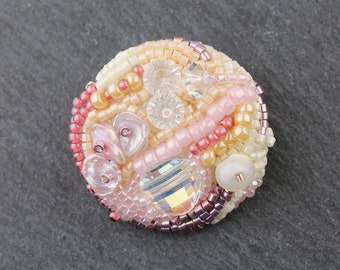 Beaded Button, Bead Embroidery, Pink, Cream, White, Hand Beaded Button with Shank