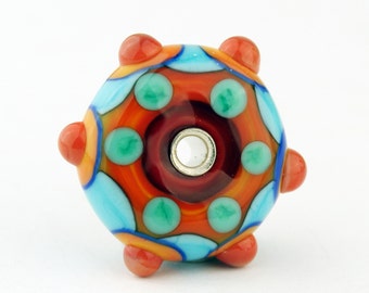 Lampwork Glass Focal Bead, Riveted Orange Apricot Blue Turquoise 'Southwest Fun'