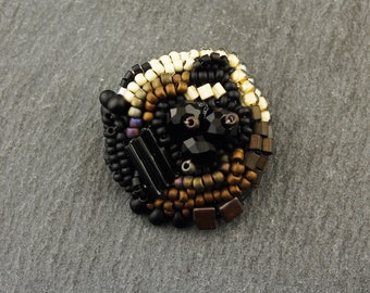 Beaded Button, Crystals Bead Embroidery, Black, Beige, Brown,  Hand Beadwork Button with Shank