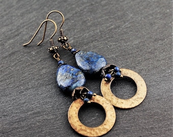 Lapis Lazuli Beaded Earrings Brass,  Boho Long Beaded Jewelry