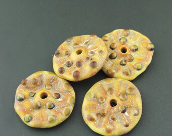 Lampwork Beads, Sea Urchin Disk Etched Matte Glass, Brown Silver