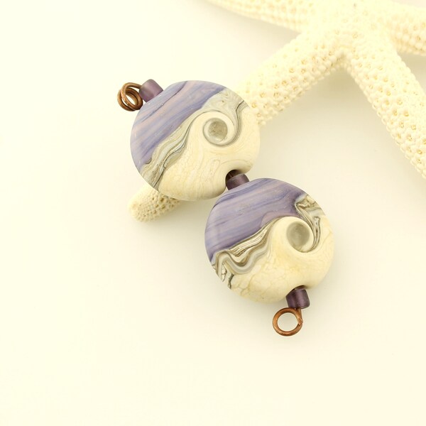 Lampwork Bead Pair, Ivory, Purple, Blue Matte Glass, Lentil Earring Beads