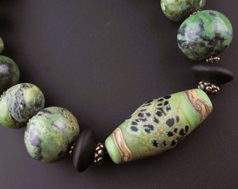 Lampwork and Gemstone Necklace and Earrings Set Green Zoisite Sterling Silver Chunky Beaded Jewelry 'Evergreen'