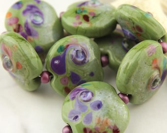 Lampwork Glass Bead Set Lentil, Coin, Green, Purple