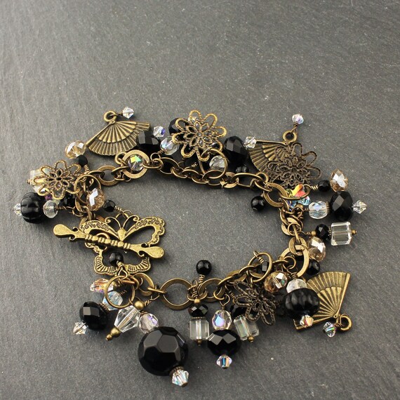 Charm Bracelet Antiqued Brass Crystals Victorian Style Black