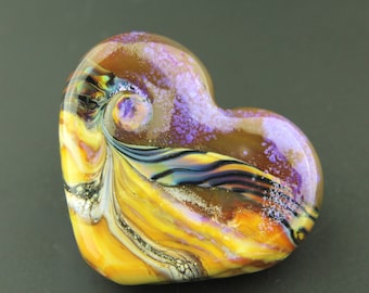 Lampwork Glass Heart Bead Focal, Purple, Brown, Silver