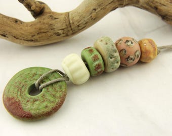 Lampwork Glass Beads, Matte Olive Green, Peach, Cream