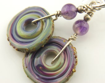 Sterling Silver Earrings, Lampwork Disk Beads