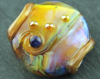 Lampwork Glass Lentil Bead Focal Iridescent Gold Blue