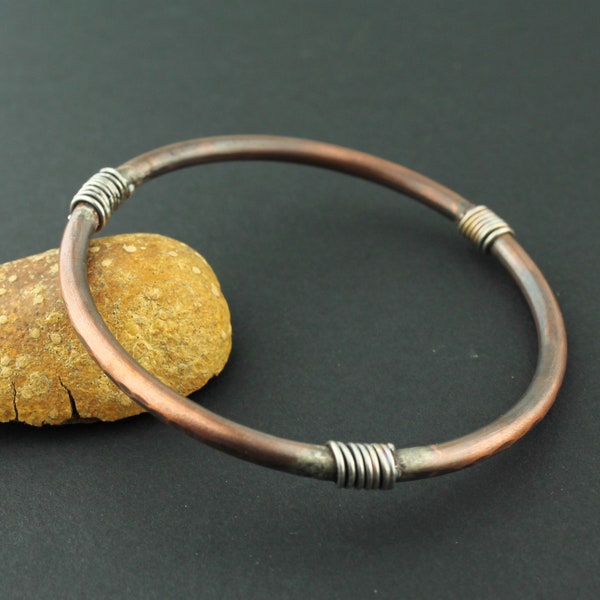 Antique Copper and Sterling Silver Bangle Bracelet,  Stacking Bangles, Chunky Bangle, Masculine Bracelet