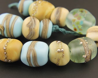 Handmade Glass Lampwork Beads Set Matte, Blue, Beige, Silver