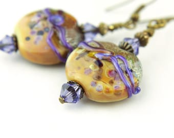 Handmade Earrings, Lampwork Glass Beads, Brass