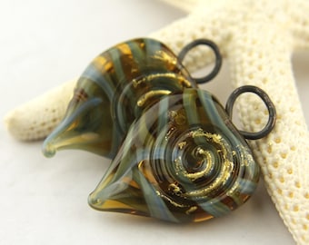 Lampwork Glass Bead Pair, Charm Beads with Copper Wire Loop