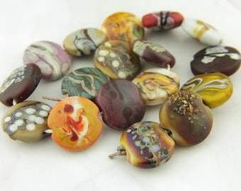 Glass Lampwork Bead Set Lentil, Brown, Cream, Rust, Ochre, Etched Matte
