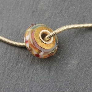 Lampwork Glass Beads, Gold, Pink BHB Charm Sterling Silver Core European Iridescent Big Hole Bead image 1
